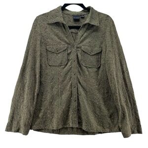 Tribal Lace Floral Jacquard Button Down Blouse Olive Green Long Sleeve Top Small